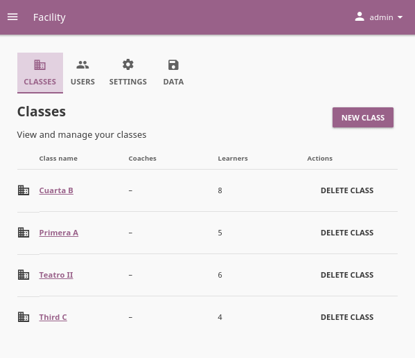 Open Facility page and navigate to Classes tab to see the the list of all the classes, and access the options to manage them.
