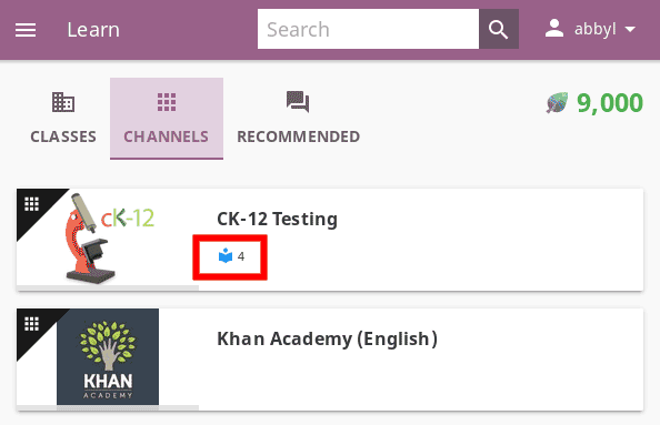 Indicators of the number of available coach support resources for all the channels are visible on the Kolibri Learn page, inside each channel card.