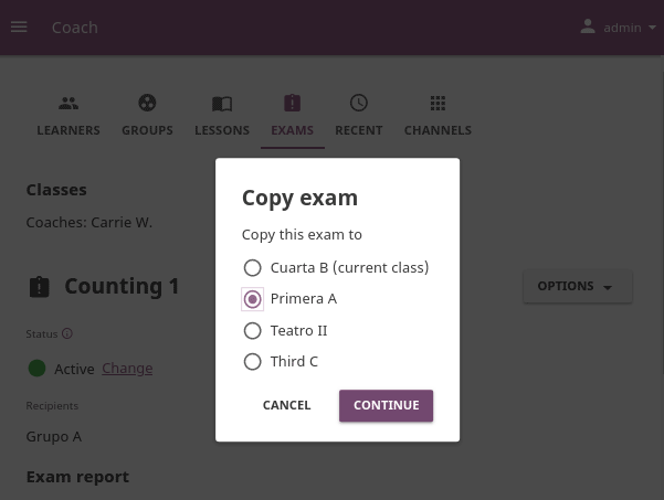 Use the radio buttons to select the class where you want to copy the exam to.