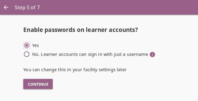 Step 5 of 7 where you can select if learners must type in their passwords to sign-in to Kolibri, or use just their username.