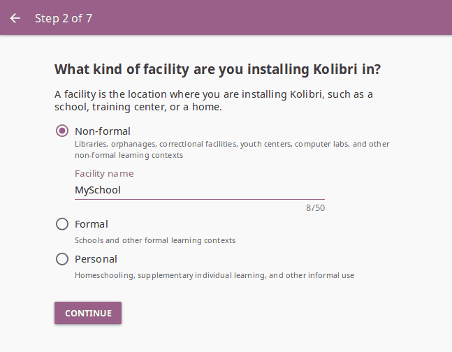 Step 2 of 7 where you need to choose a type of facility.