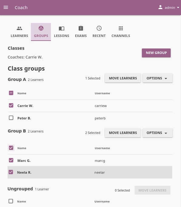 Open Coach page and navigate to Groups tab to view and manage learners and groups.