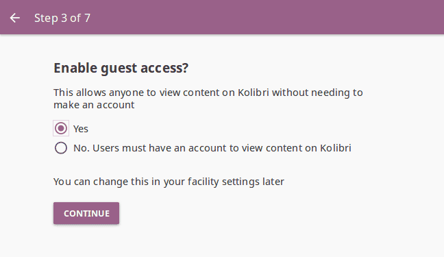 Step 3 of 7 where you can allow guests to access Kolibri content without the need to create an account.