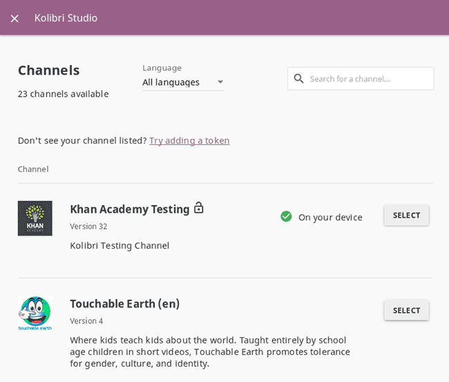 Available Channels on Kolibri Studio page where you can select which public channel you want to import content from.