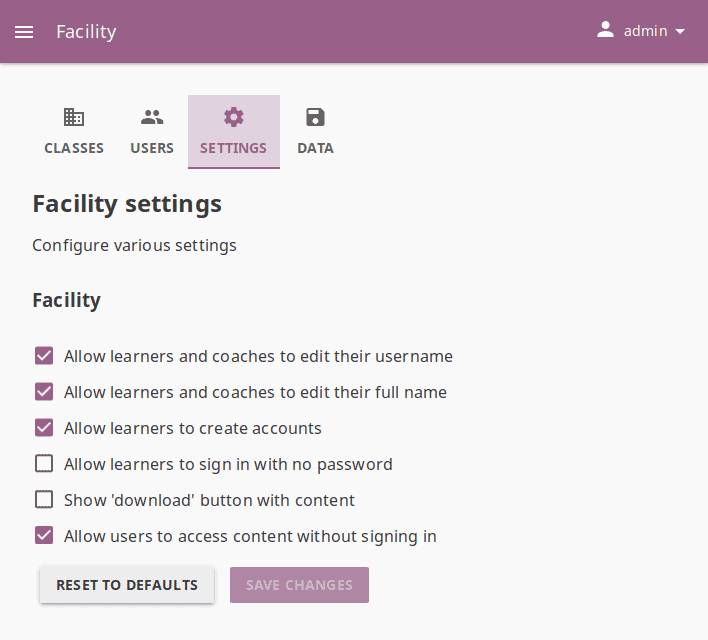 Open Facility page, navigate to Settings tab, and use the checkboxes to activate or deactivate the available options.