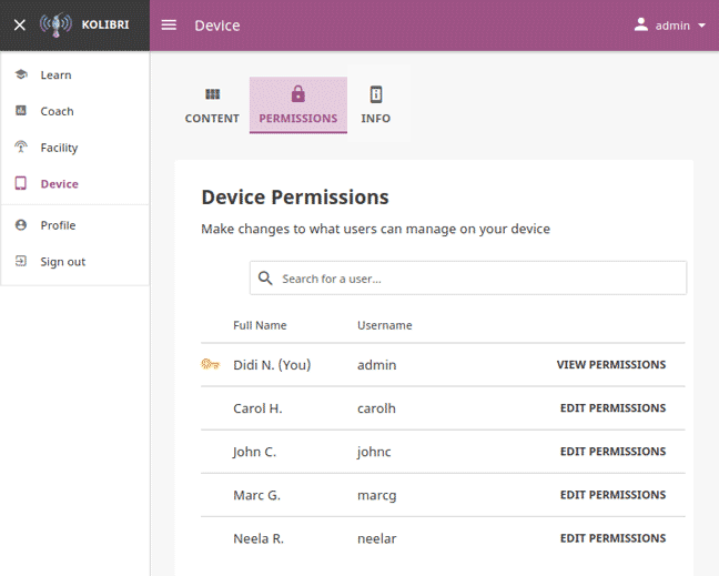 Open the Device page and navigate to Permissions tab to see permissions for every user