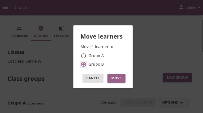 Use the radio buttons to select the group where you want to move the ungrouped learners.