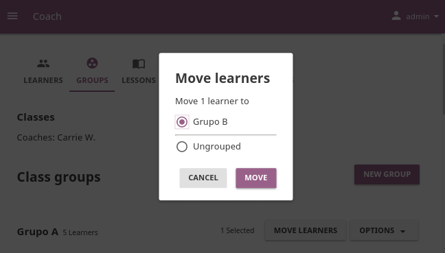 Use the radio buttons to select where you want to move selected learners.