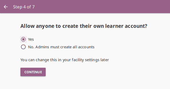 Step 4 of 7 where you can permit anyone to create a user account for themselves, or if user accounts must be created by Kolibri admins.