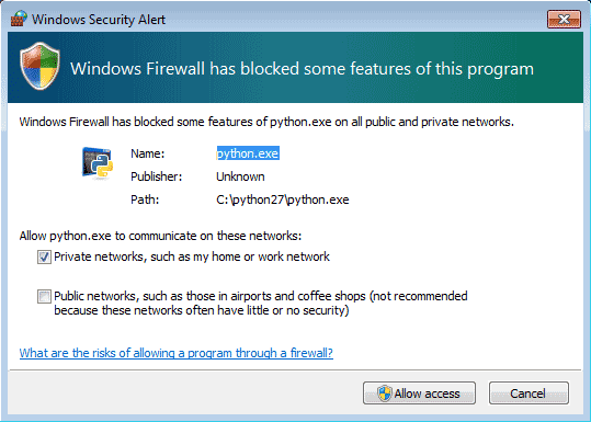 Windows security alert window that opens when Windows firewall needs your permission to allow the Python process, needed to run Kolibri, to be executed on your computer.
